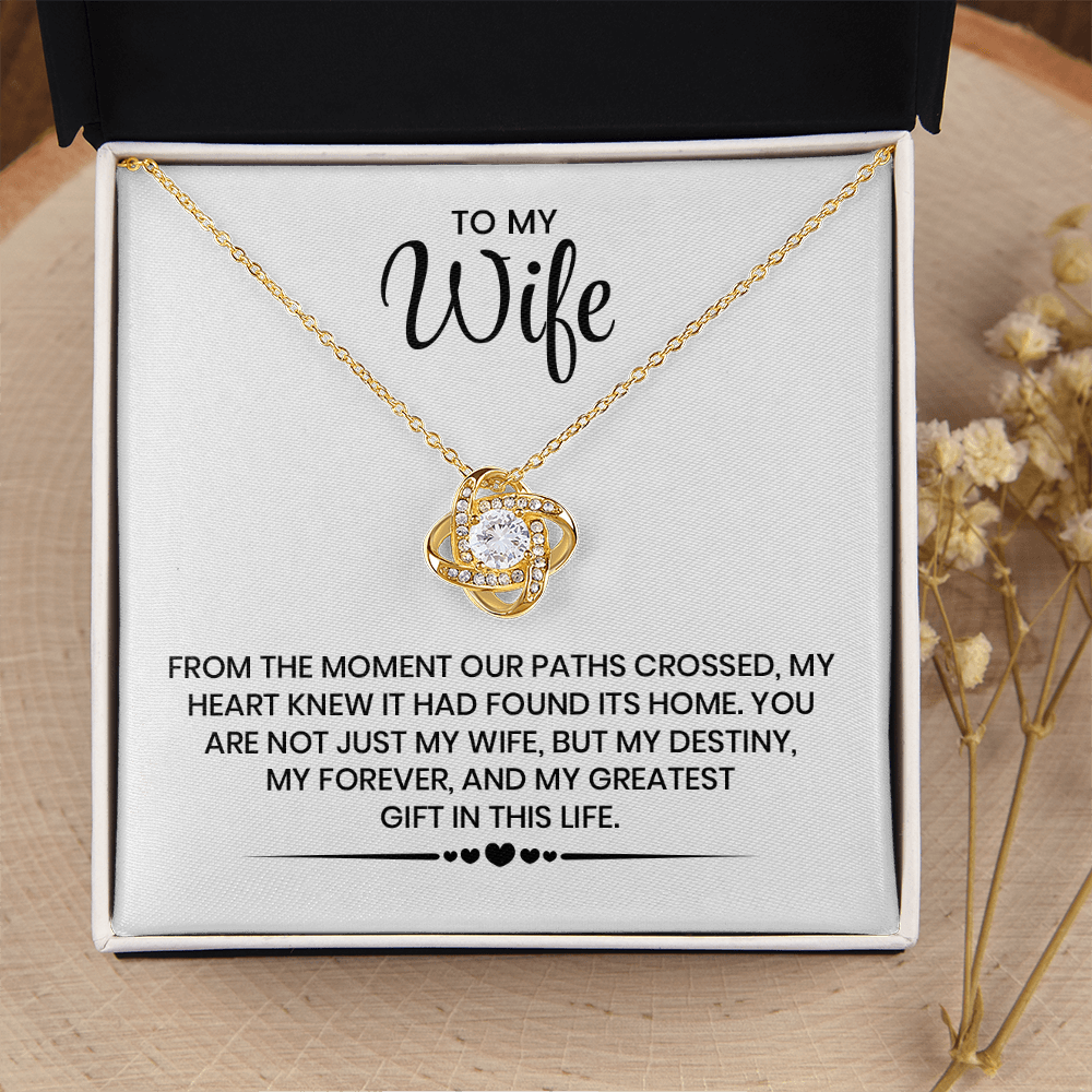 To My Wife Gift For Christmas, Anniversary, Birthday - Love Knot Gold Pendant Necklace With Heartfelt Message Card