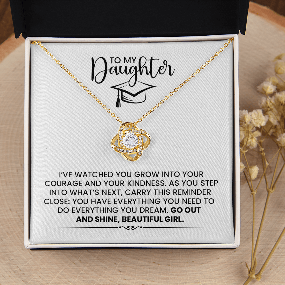 Daughter Graduation Gift From Mom Or Dad - Love Knot Gold Pendant Necklace With Heartfelt Message Card
