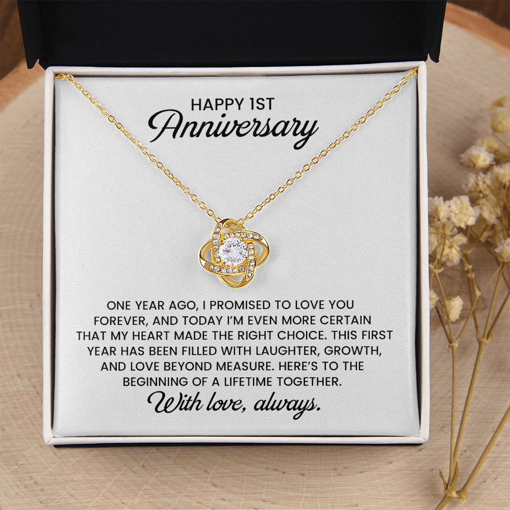 1st Anniversary Gift For Wife - Love Knot Gold Pendant Necklace With Heartfelt Message Card