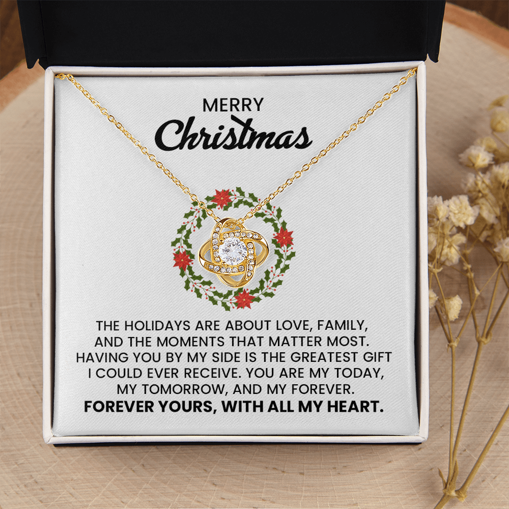 Wife, Girlfriend, Soulmate Merry Christmas Love Knot Gold Pendant Necklace With Heartfelt Message Card