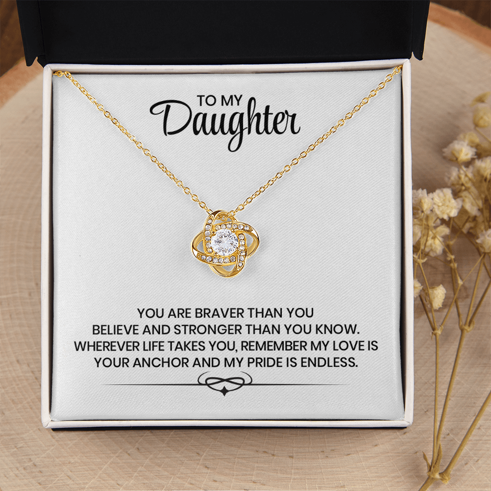 To My Daughter Love And Support Christmas, Birthday, Graduation Gift - Love Knot Gold Pendant Necklace With Heartfelt Message Card