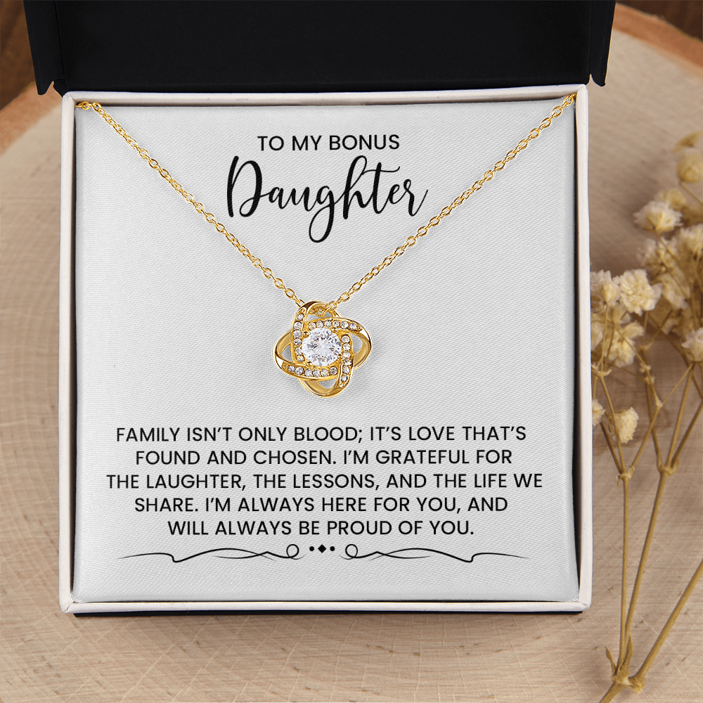 Bonus Daughter - Christmas, Birthday, Special Occasion Love Knot Gold Pendant Necklace With Heartfelt Message Card