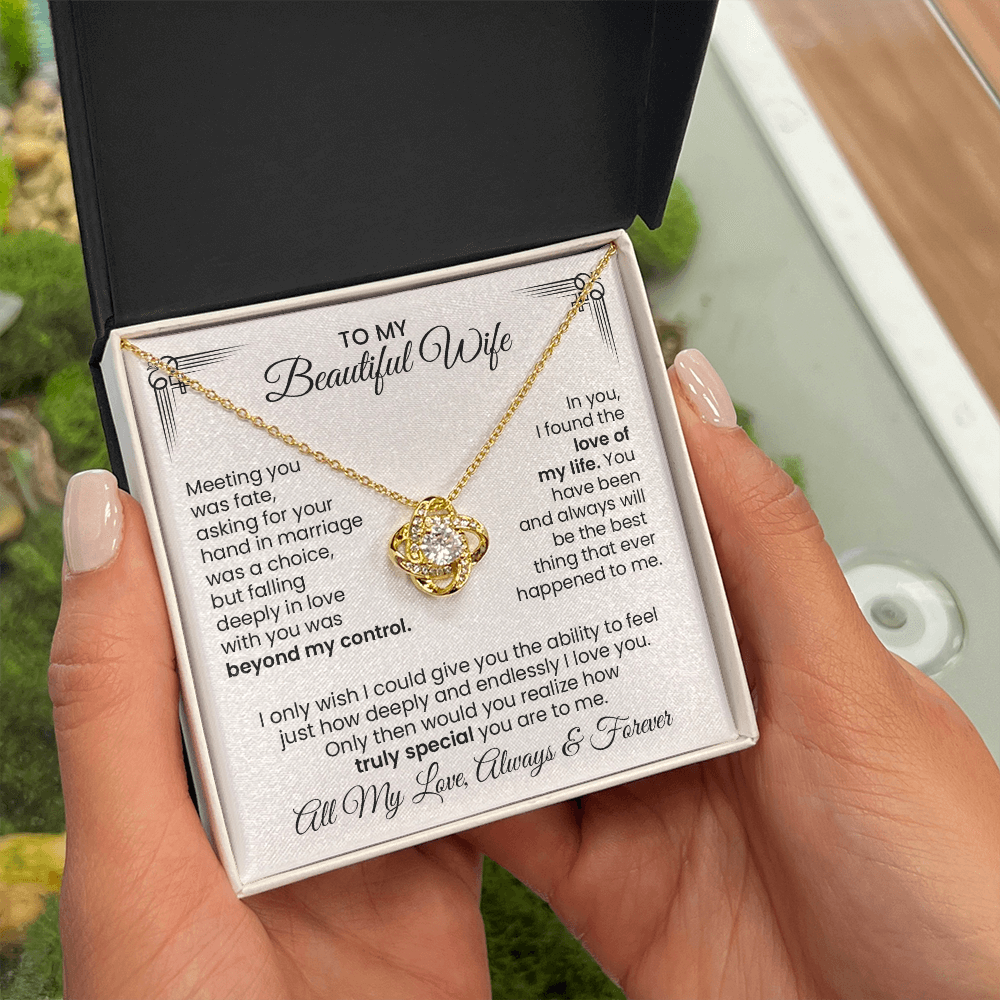 Beautiful Wife Gift For Anniversary - Love Knot Gold Pendant Necklace With Heartfelt Message Card