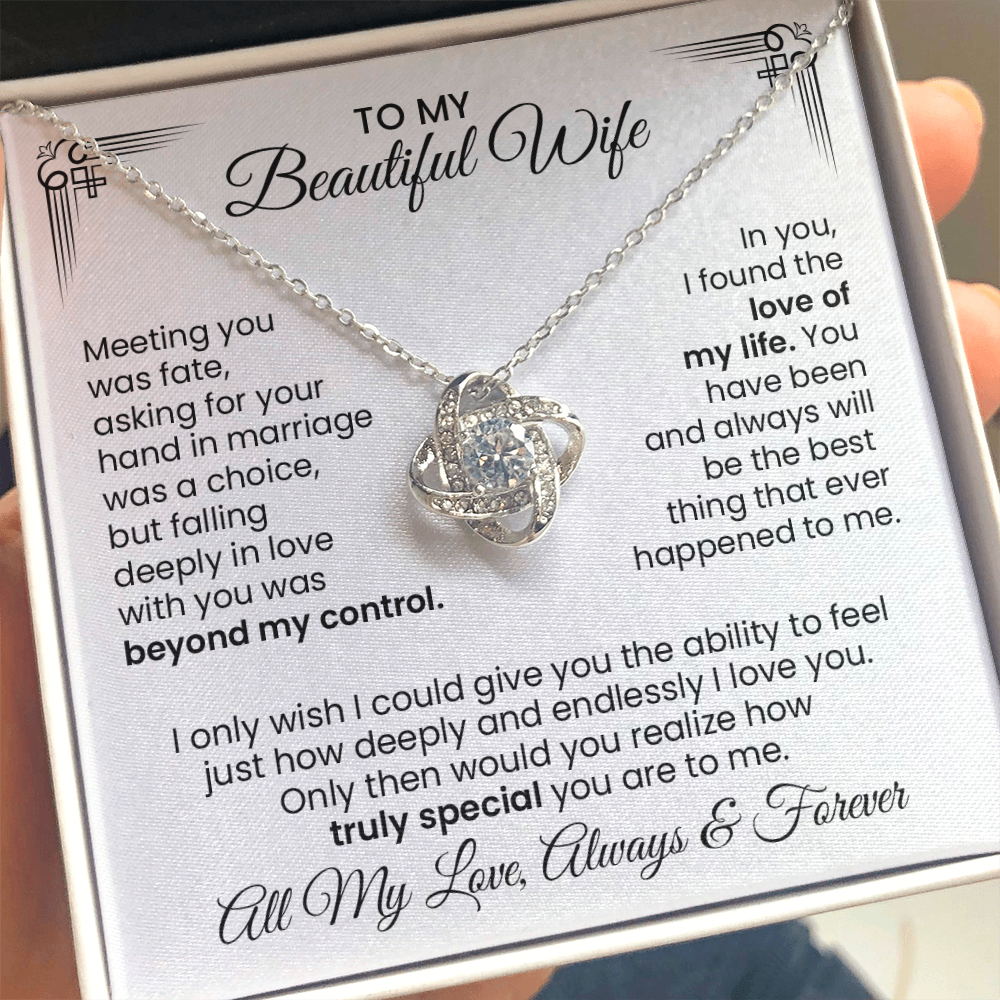 Beautiful Wife Gift For Anniversary - Love Knot Gold Pendant Necklace With Heartfelt Message Card