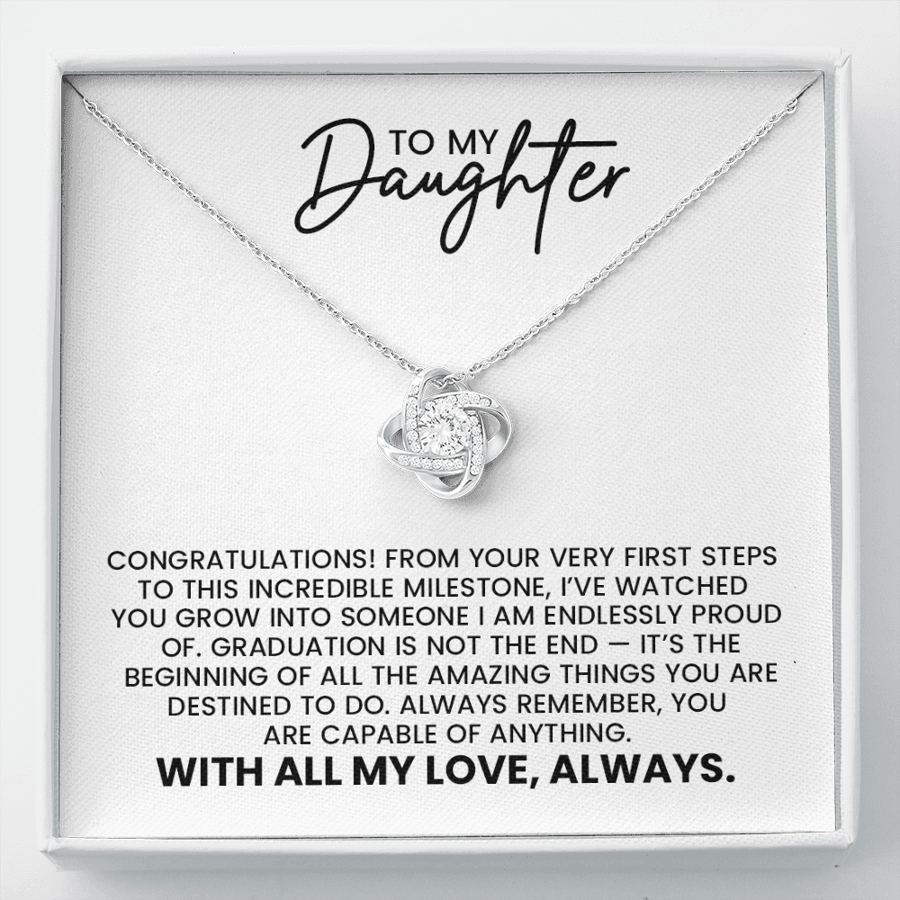 Daughter High School College Graduation, New Job, Special Achievement Gift - Love Knot Gold Pendant Necklace With Heartfelt Message Card