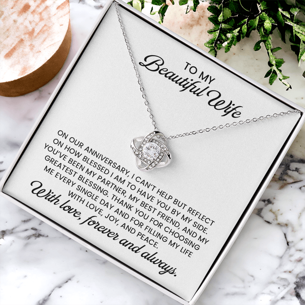 Beautiful Wife Anniversary Gift, Love Knot Gold Pendant Necklace With Heartfelt Message Card