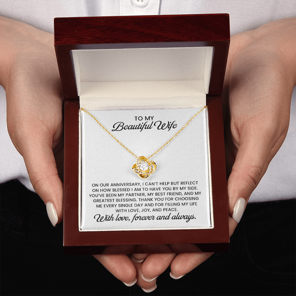 Beautiful Wife Anniversary Gift, Love Knot Gold Pendant Necklace With Heartfelt Message Card