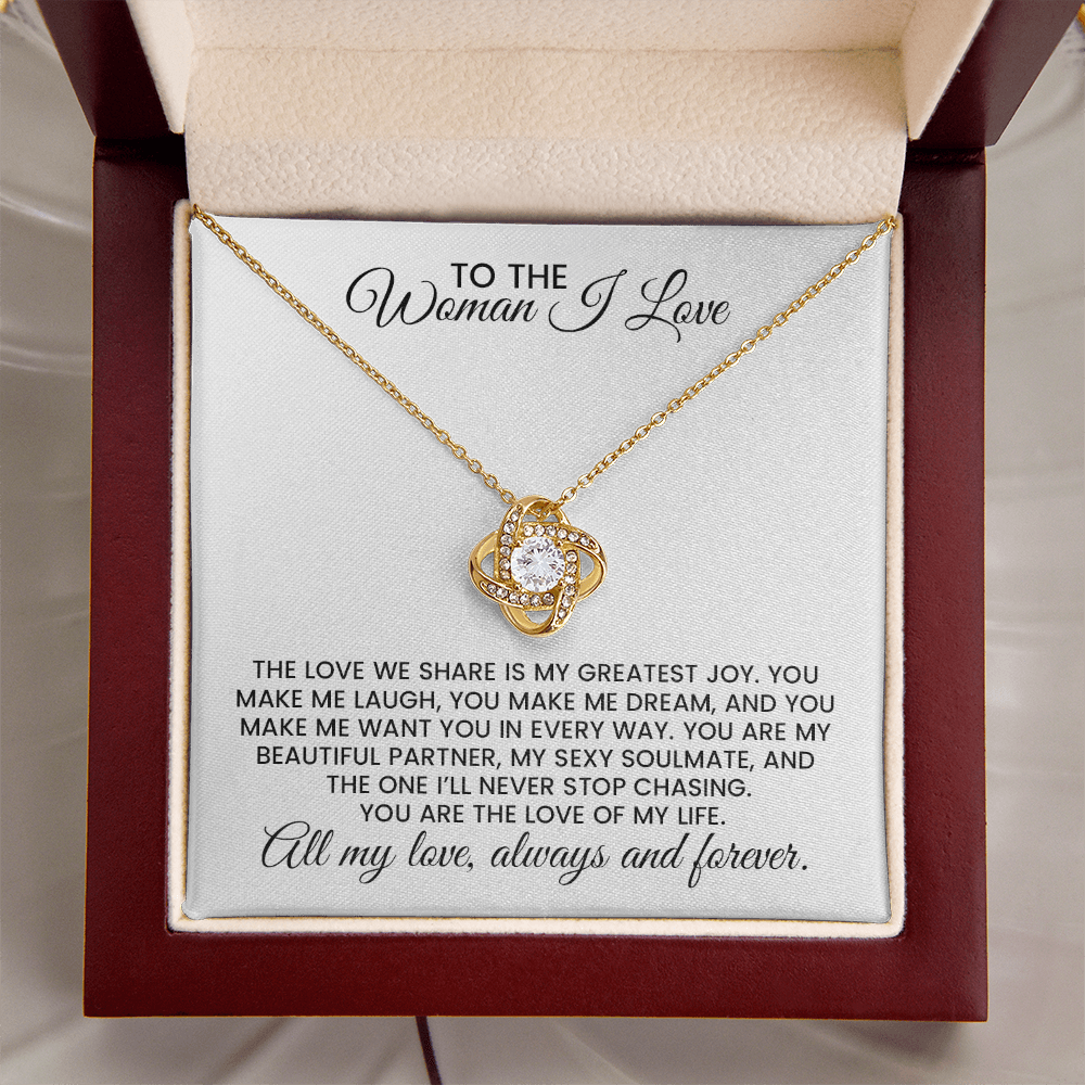 Woman I Love Christmas, Anniversary, Birthday Gift For Wife, Girlfriend, Soulmate - Love Knot Gold Pendant Necklace With Heartfelt Message Card