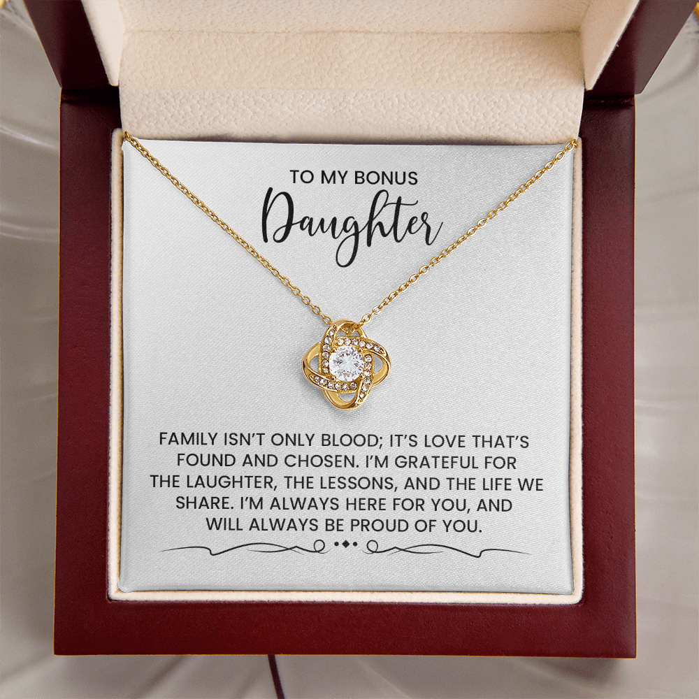 Bonus Daughter - Christmas, Birthday, Special Occasion Love Knot Gold Pendant Necklace With Heartfelt Message Card