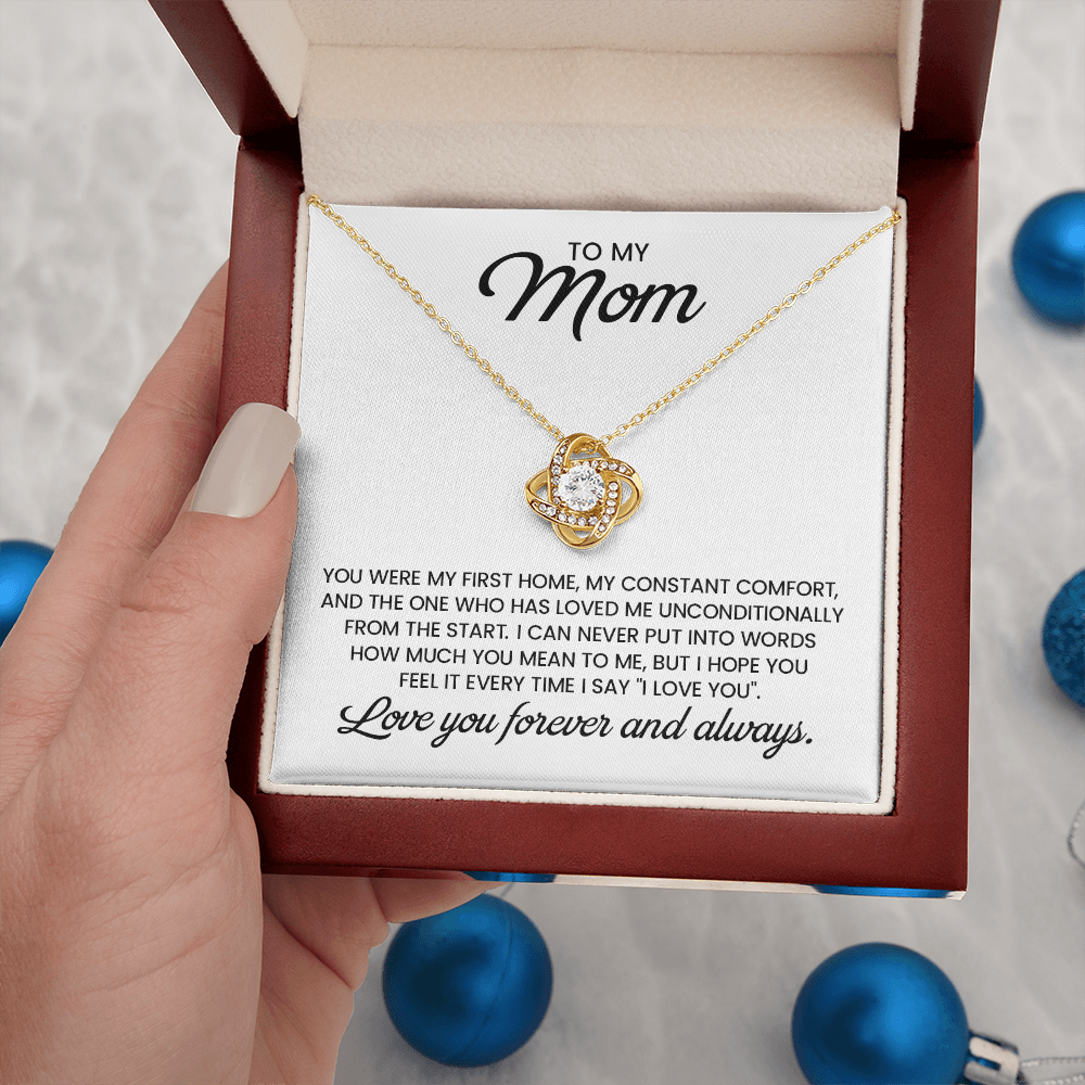 To My Mom Gift For Christmas, Birthday, Mother's Day - Love Knot Gold Pendant Necklace With Heartfelt Message Card