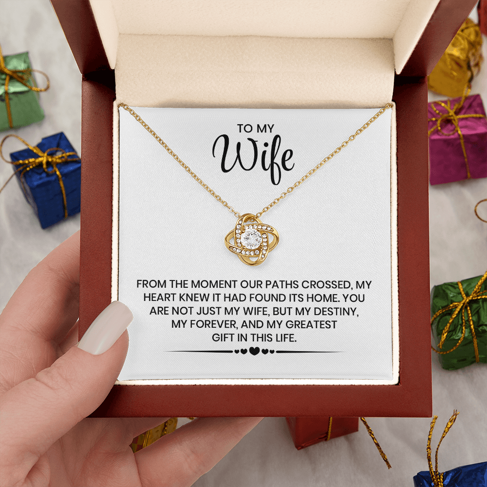 To My Wife Gift For Christmas, Anniversary, Birthday - Love Knot Gold Pendant Necklace With Heartfelt Message Card