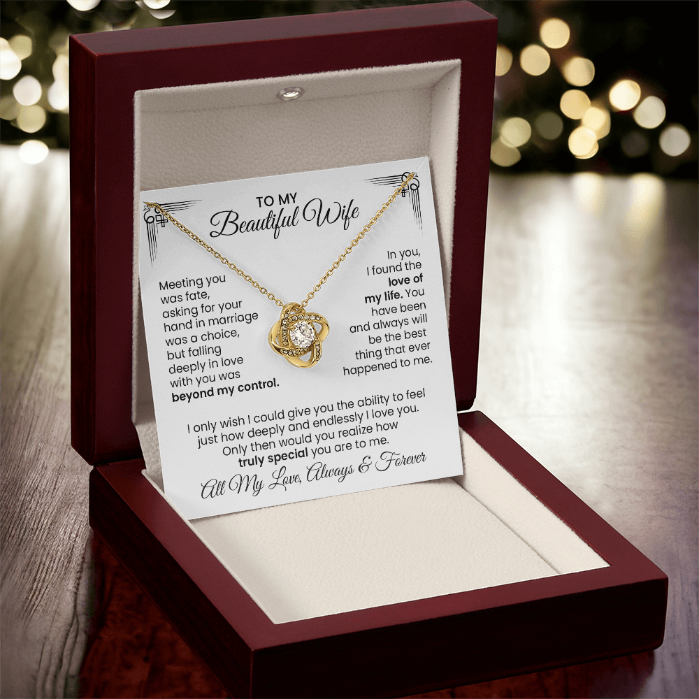 Beautiful Wife Gift For Anniversary - Love Knot Gold Pendant Necklace With Heartfelt Message Card