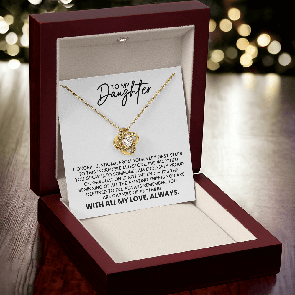 Daughter High School College Graduation, New Job, Special Achievement Gift - Love Knot Gold Pendant Necklace With Heartfelt Message Card