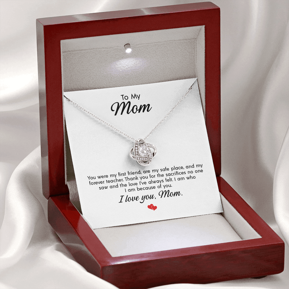 To My Mom - Birthday, Christmas, Special Occasion Gold Love Knot Pendant Necklace With Heartfelt Message Card