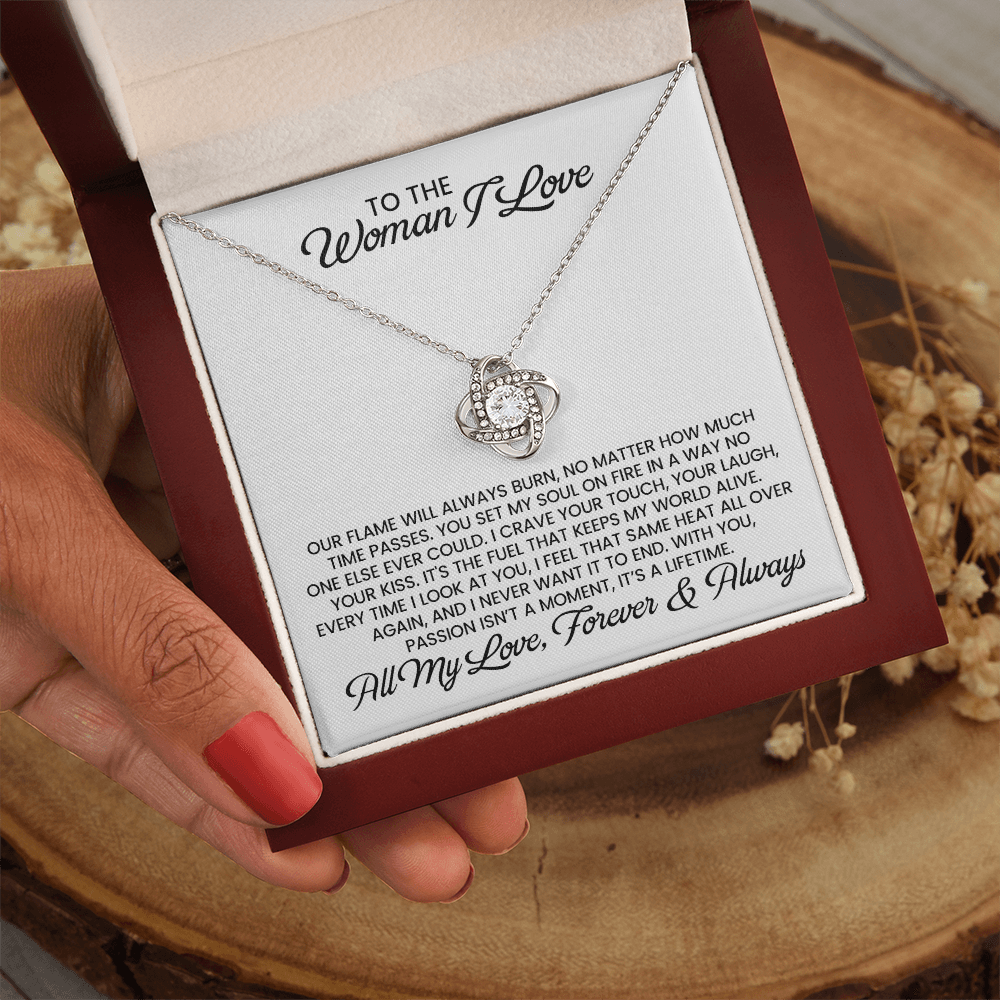 Woman I Love For Wife, Girlfriend, Soulmate, Christmas, Anniversary Gift, Birthday Love Knot Gold Pendant Necklace With Heartfelt Message Card
