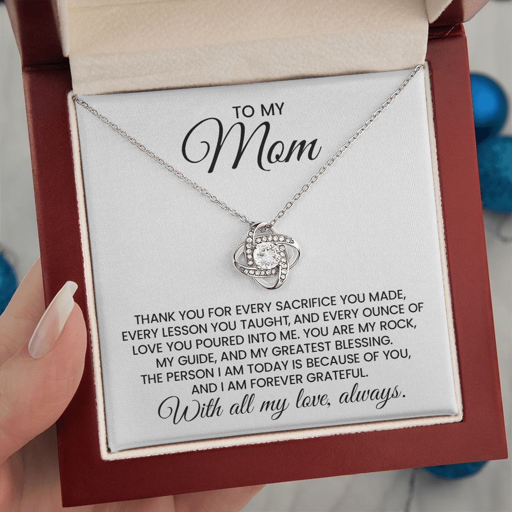 To My Mom Gift For Christmas, Birthday, Mother's Day - Love Knot Gold Pendant Necklace With Heartfelt Message Card