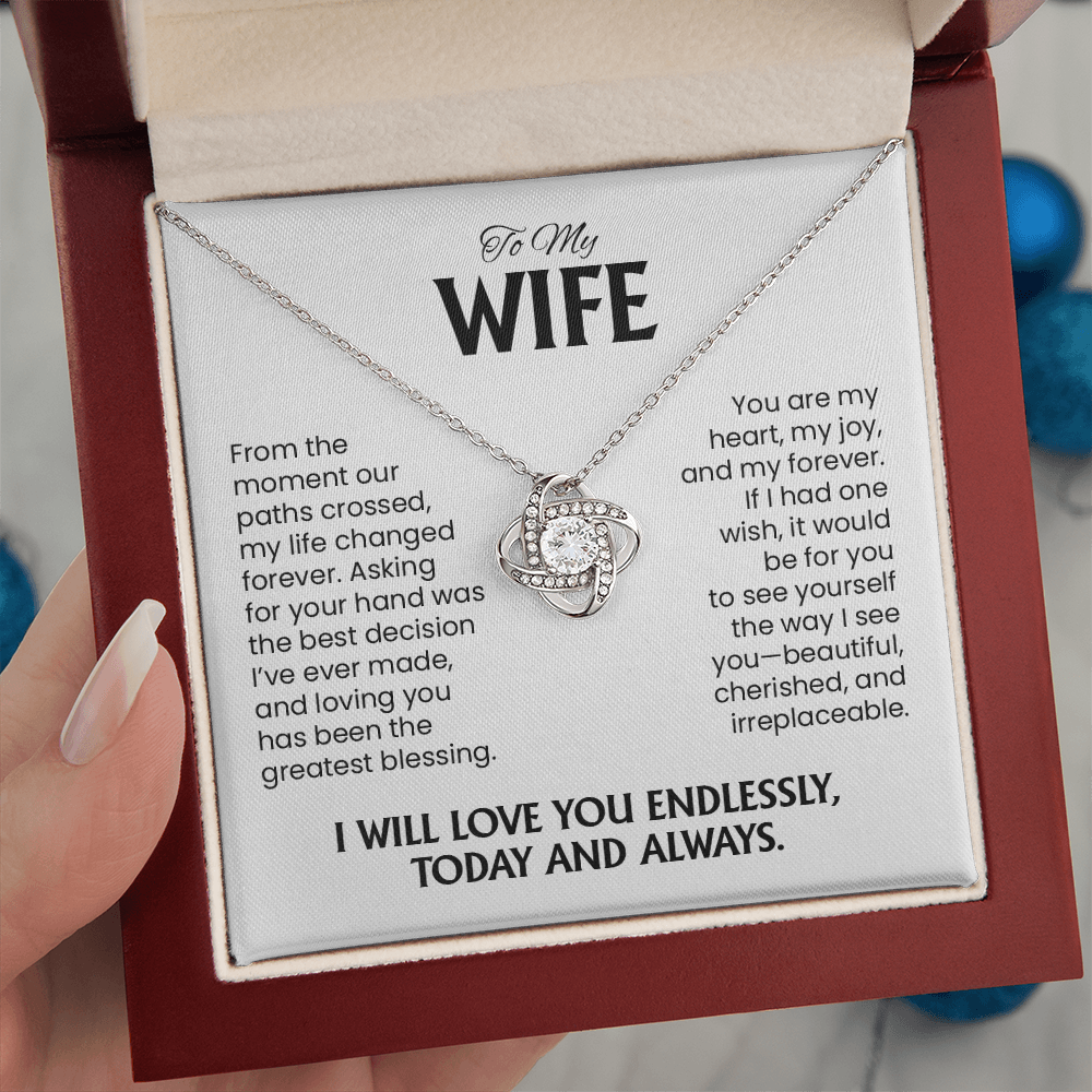 To My Wife Christmas, Anniversary, Birthday Gift - Love Knot Gold Pendant Necklace With Heartfelt Message Card