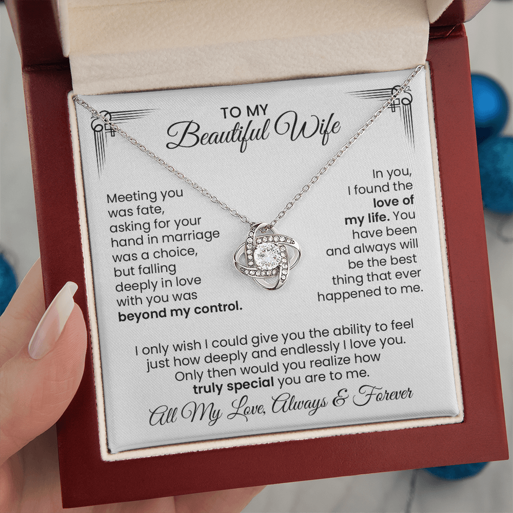 Beautiful Wife Gift For Anniversary - Love Knot Gold Pendant Necklace With Heartfelt Message Card