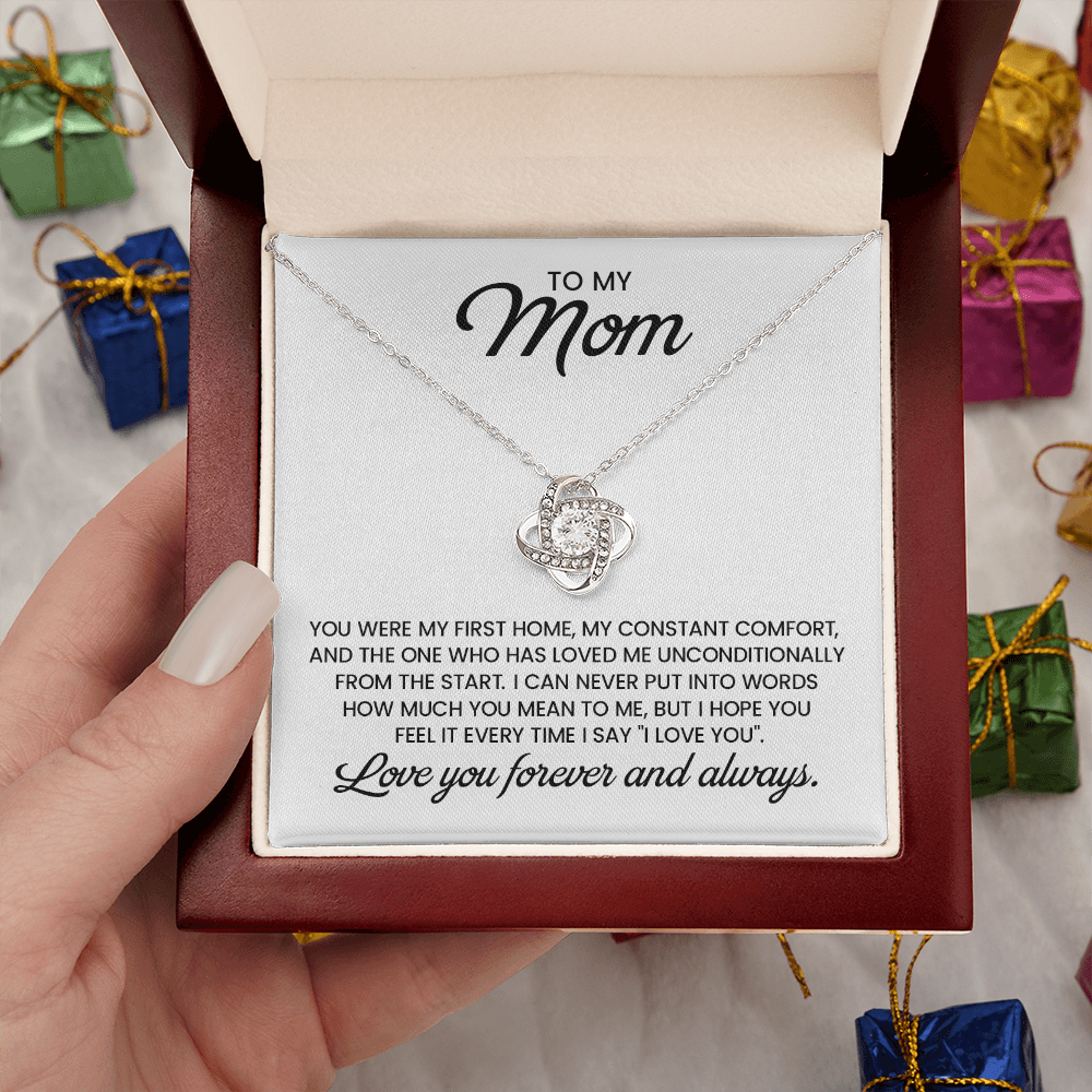 To My Mom Gift For Christmas, Birthday, Mother's Day - Love Knot Gold Pendant Necklace With Heartfelt Message Card