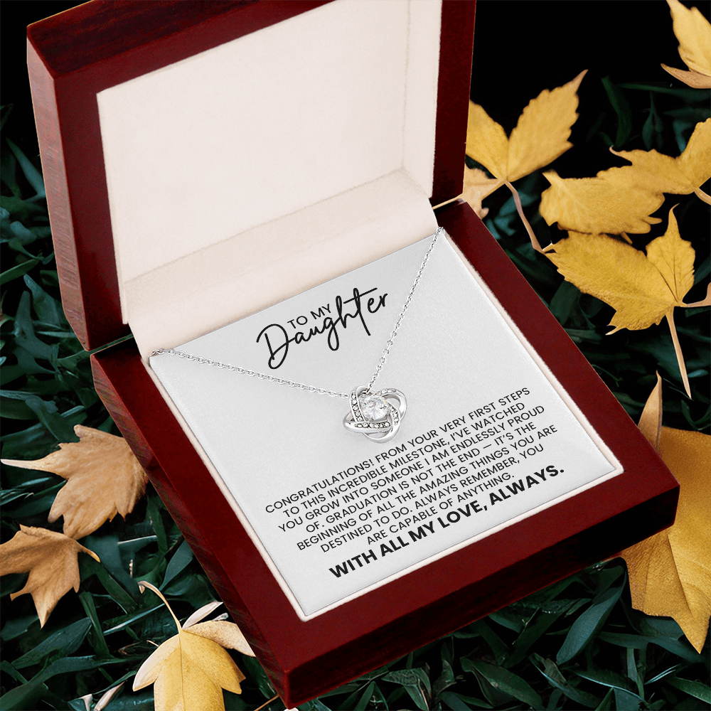 Daughter High School College Graduation, New Job, Special Achievement Gift - Love Knot Gold Pendant Necklace With Heartfelt Message Card
