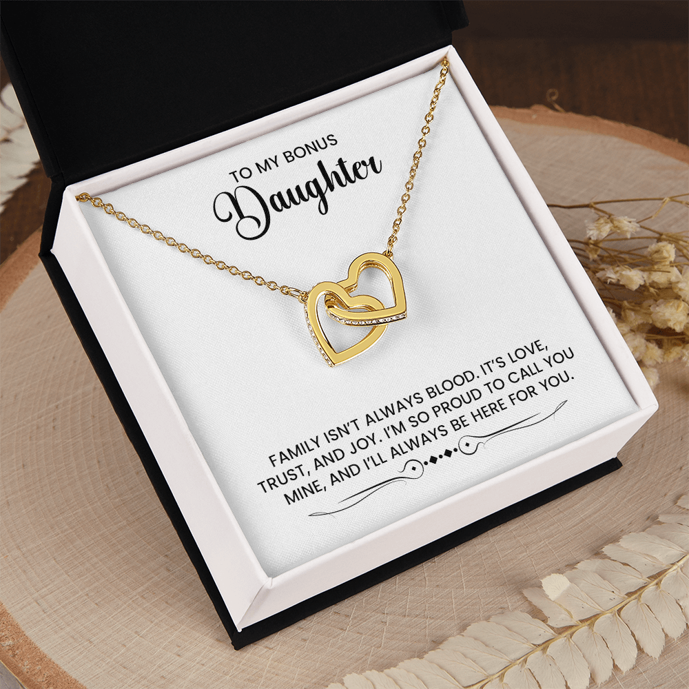 Bonus Daughter Love Gift - Linked Hearts Gold Pendant Necklace With Heartfelt Message Card