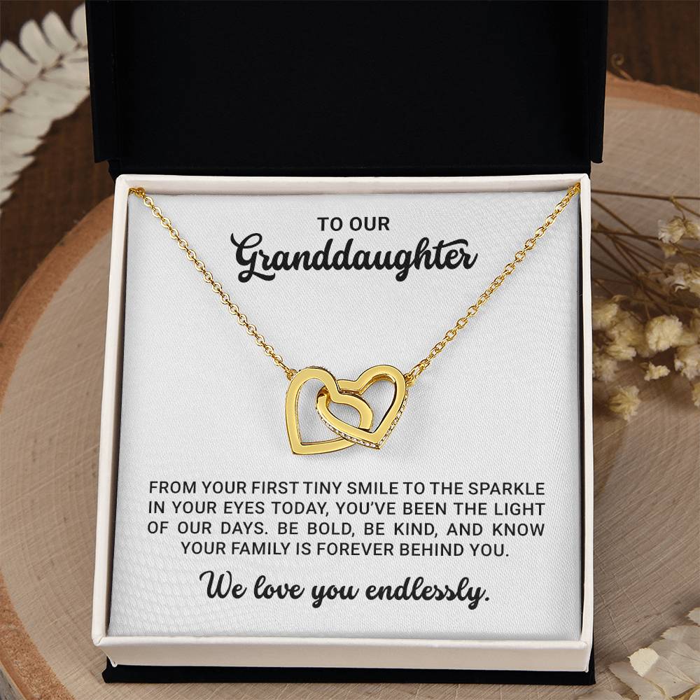 To Our Granddaughter - Birthday, Graduation, Christmas Gift Gold Interlocking Hearts Necklace With Heartfelt Message Card