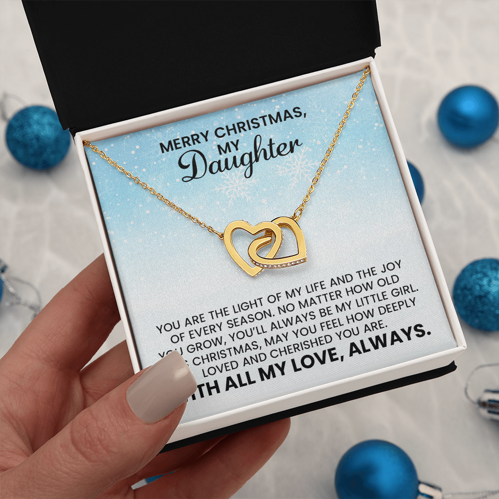 Merry Christmas Daughter Gift - Linked Hearts Gold Pendant Necklace With Heartfelt Message Card