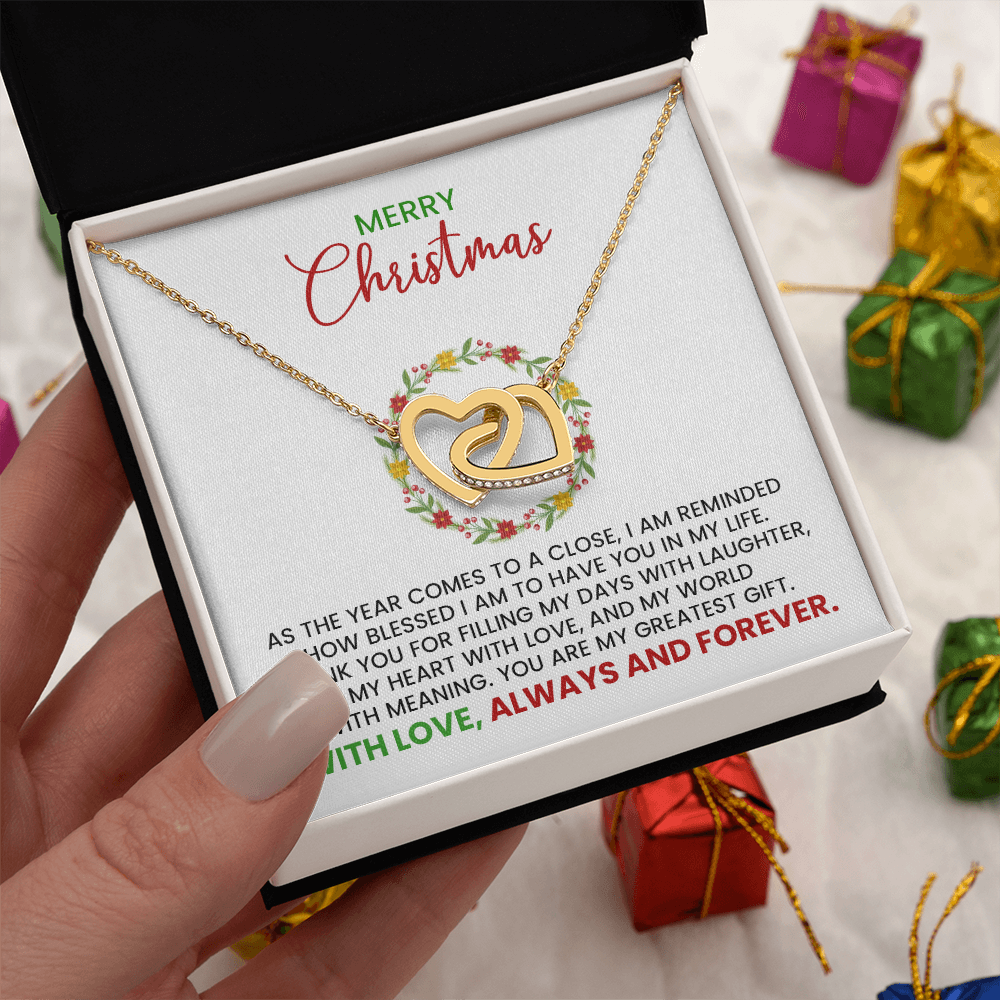 Merry Christmas Wife, Girlfriend, Soulmate Linked Hearts Gold Pendant Necklace With Heartfelt Message Card