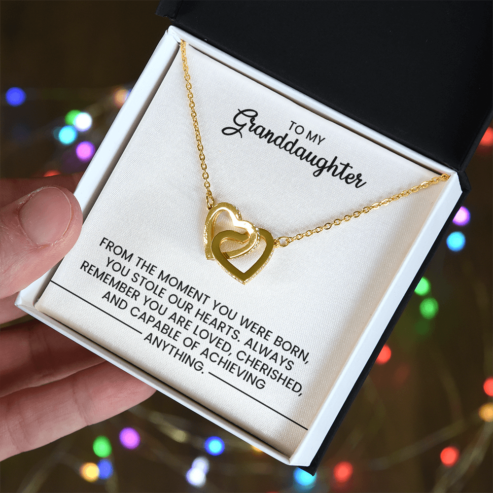 To My Granddaughter, Christmas, Birthday, Graduation, Special Occasion Gift - Linked Hearts Gold Pendant Necklace With Heartfelt Message Card