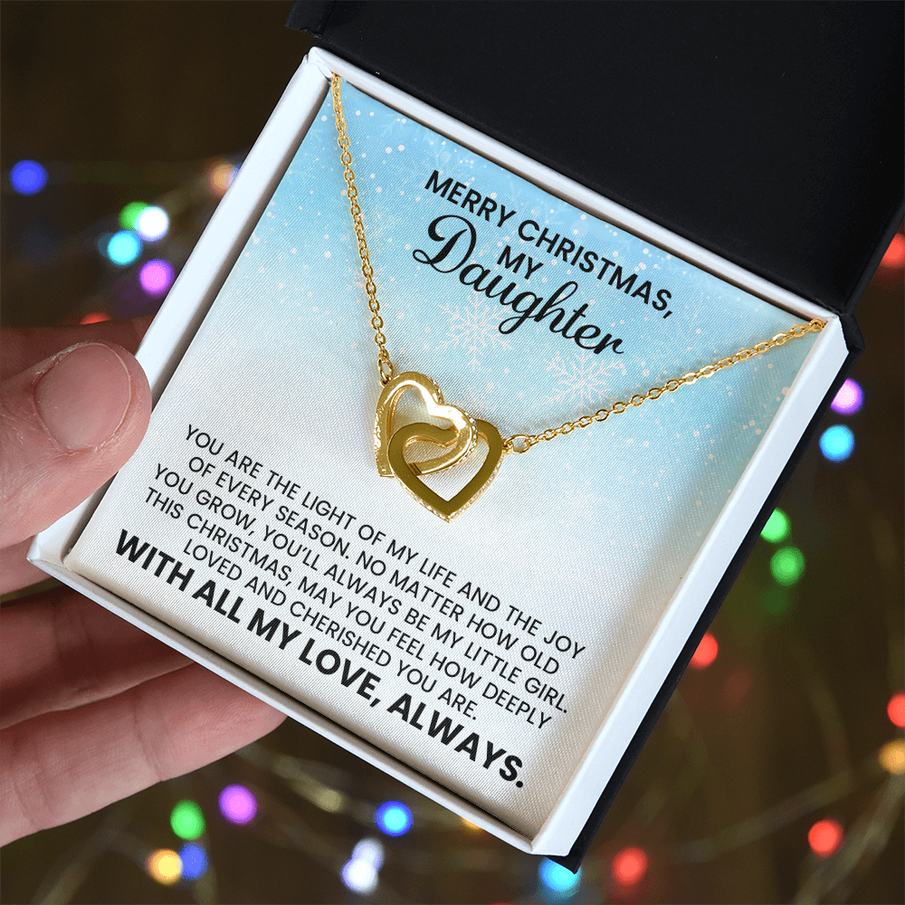 Merry Christmas Daughter Gift - Linked Hearts Gold Pendant Necklace With Heartfelt Message Card