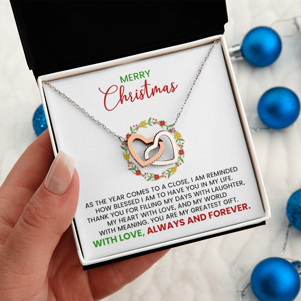 Merry Christmas Wife, Girlfriend, Soulmate Linked Hearts Gold Pendant Necklace With Heartfelt Message Card