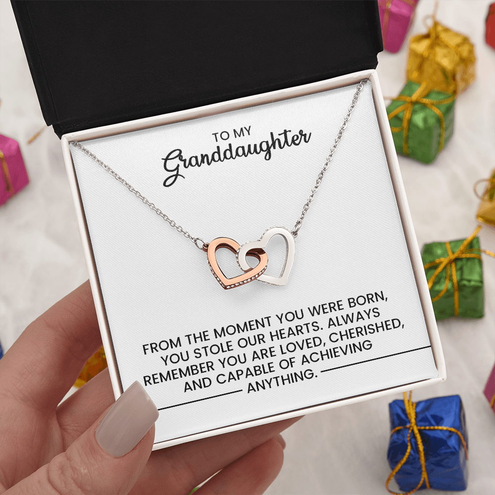 To My Granddaughter, Christmas, Birthday, Graduation, Special Occasion Gift - Linked Hearts Gold Pendant Necklace With Heartfelt Message Card