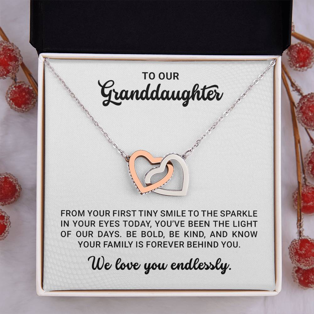 To Our Granddaughter - Birthday, Graduation, Christmas Gift Gold Interlocking Hearts Necklace With Heartfelt Message Card