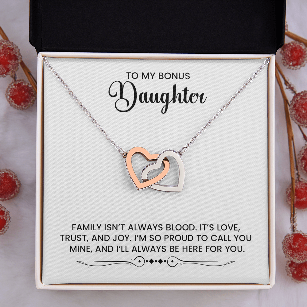 Bonus Daughter Love Gift - Linked Hearts Gold Pendant Necklace With Heartfelt Message Card