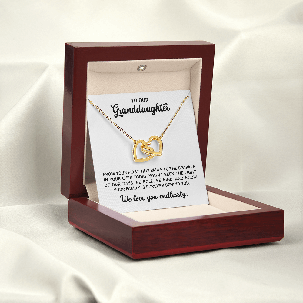 To Our Granddaughter - Birthday, Graduation, Christmas Gift Gold Interlocking Hearts Necklace With Heartfelt Message Card