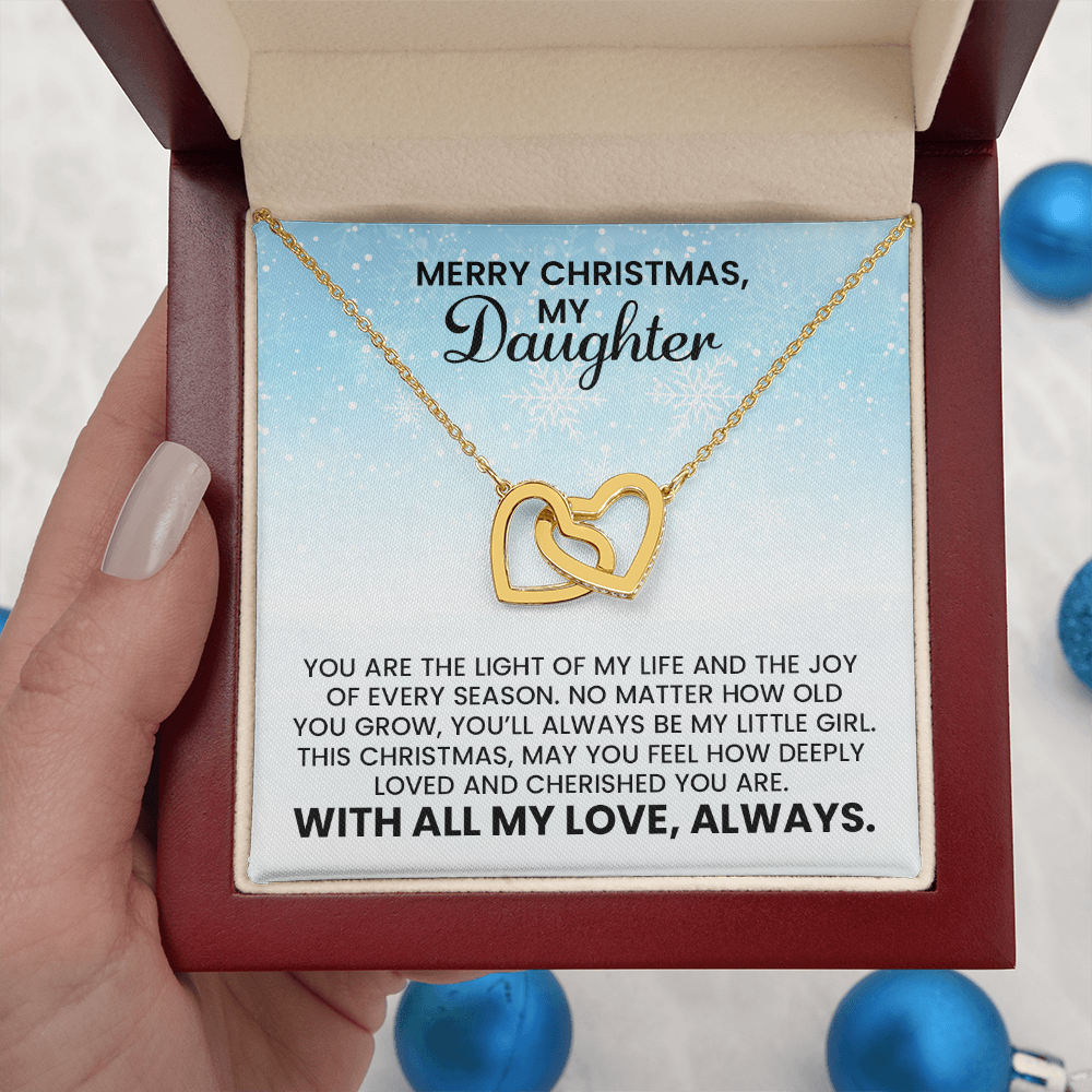 Merry Christmas Daughter Gift - Linked Hearts Gold Pendant Necklace With Heartfelt Message Card