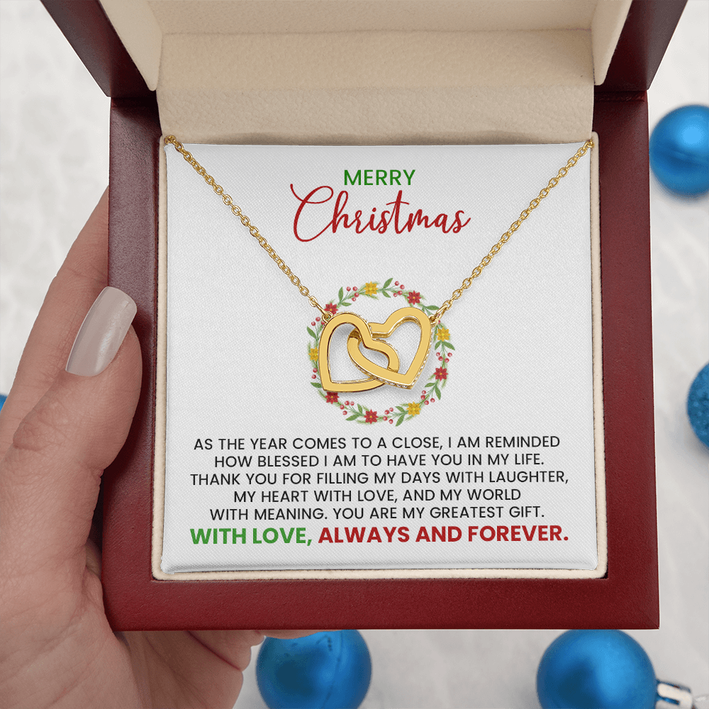 Merry Christmas Wife, Girlfriend, Soulmate Linked Hearts Gold Pendant Necklace With Heartfelt Message Card
