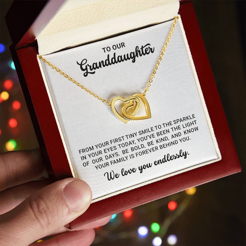 To Our Granddaughter - Birthday, Graduation, Christmas Gift Gold Interlocking Hearts Necklace With Heartfelt Message Card