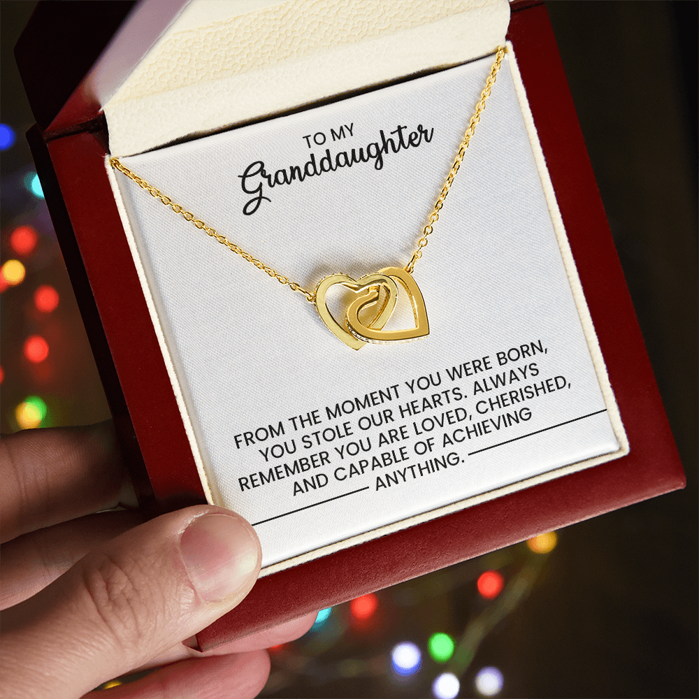To My Granddaughter, Christmas, Birthday, Graduation, Special Occasion Gift - Linked Hearts Gold Pendant Necklace With Heartfelt Message Card