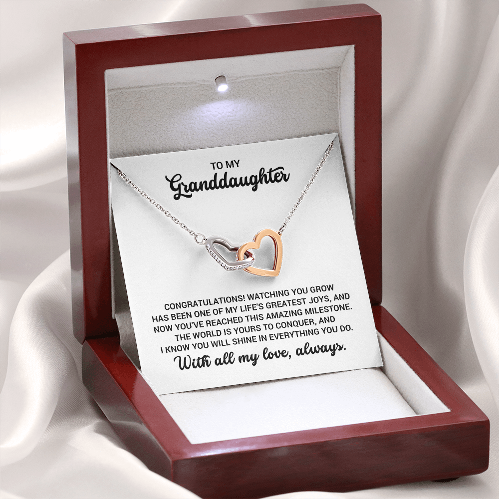 Gift For Granddaughter - Birthday, Christmas, Graduation, Special Occasion Linked Hearts Gold Necklace With Heartfelt Message Card