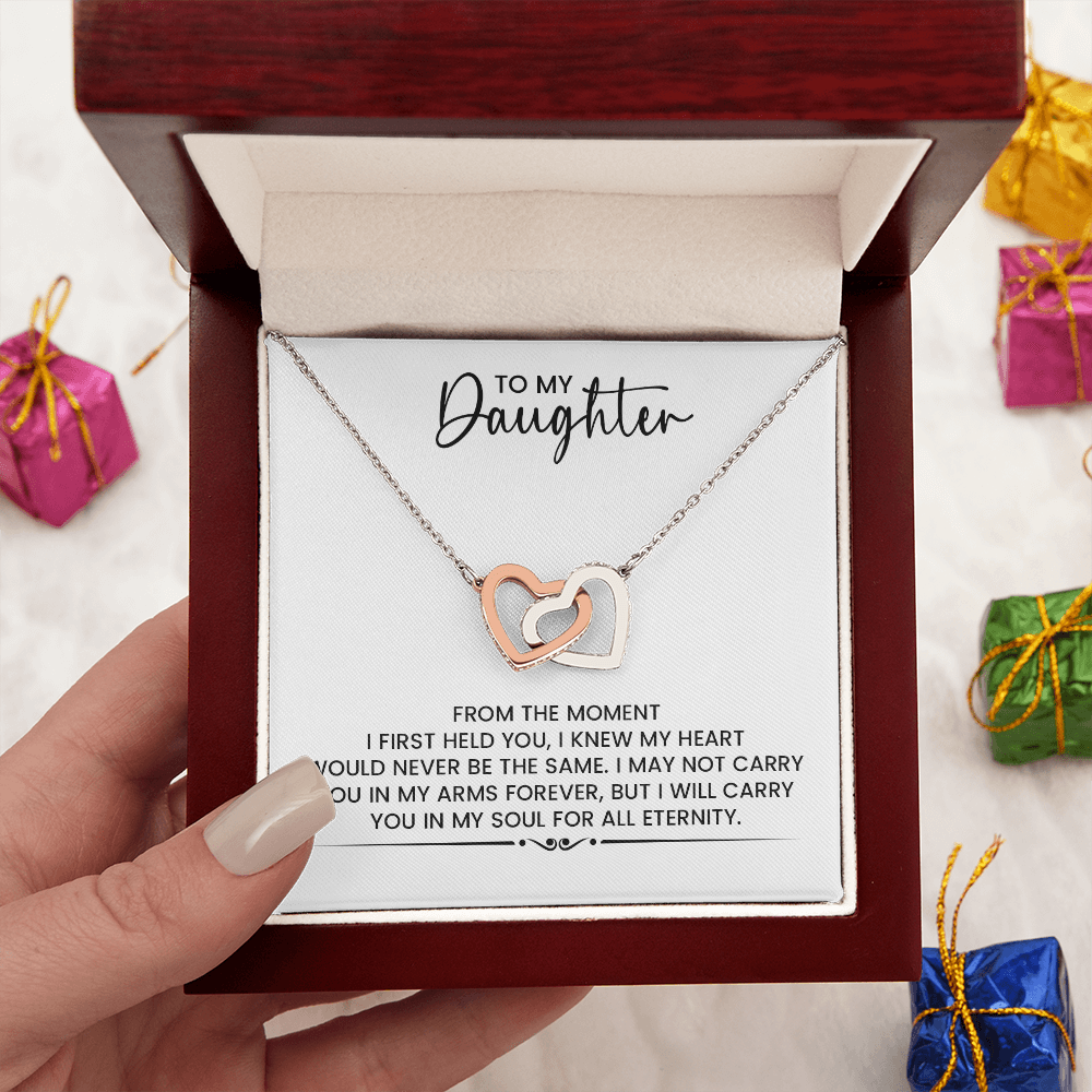 To My Daughter Gift For Christmas, Birthday, Graduation - Linked Hearts Gold Pendant Necklace With Heartfelt Message Card