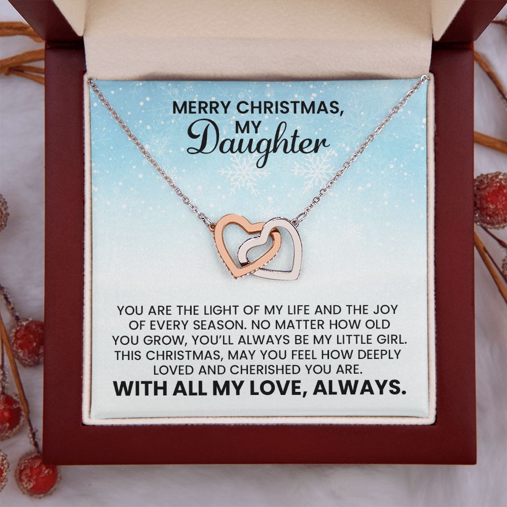 Merry Christmas Daughter Gift - Linked Hearts Gold Pendant Necklace With Heartfelt Message Card