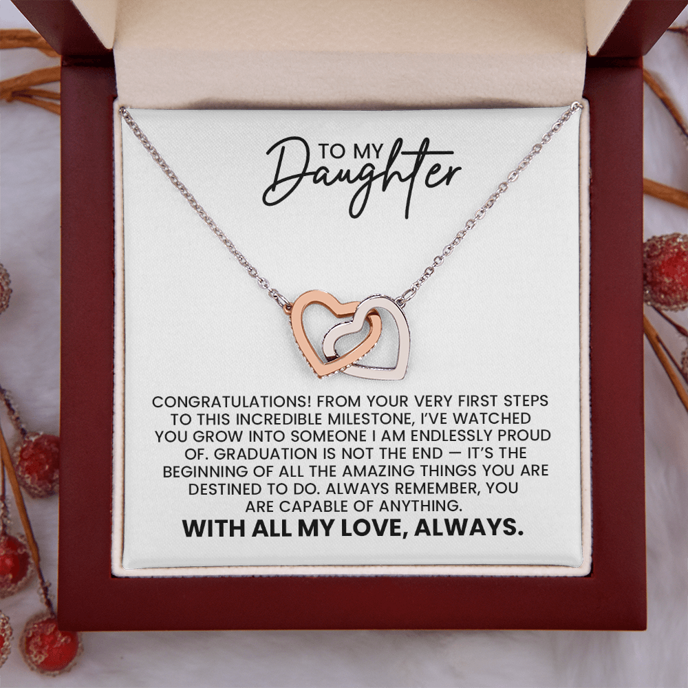 To My Daughter, Graduation, New Job, Special Accomplishment Gift - Linked Hearts Gold Pendant Necklace With Heartfelt Message Card