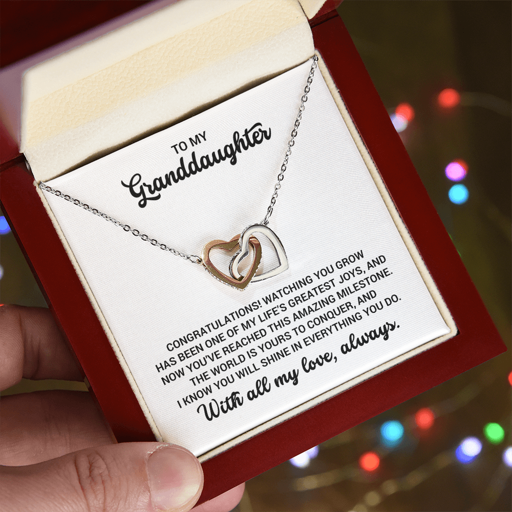 Gift For Granddaughter - Birthday, Christmas, Graduation, Special Occasion Linked Hearts Gold Necklace With Heartfelt Message Card