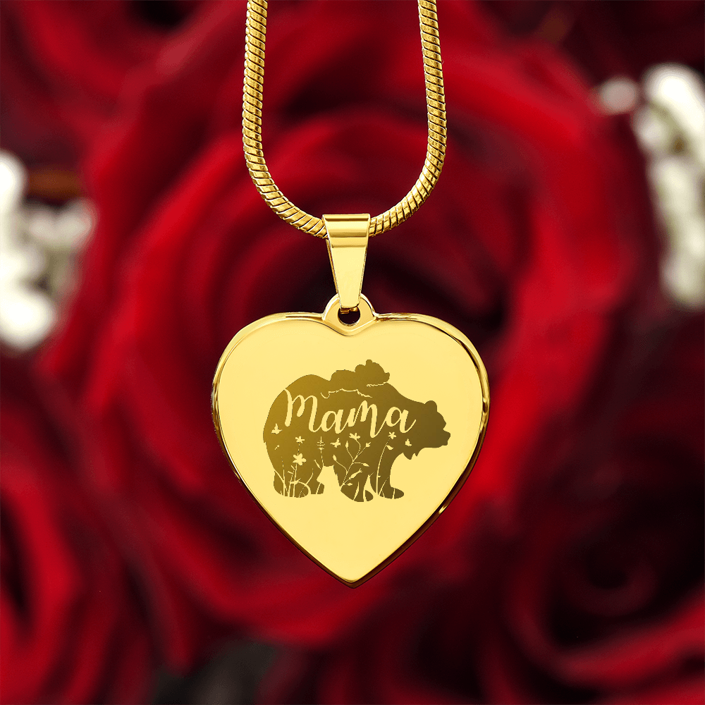 Mama Bear Engraved Gold Heart Necklace With Personalized Message