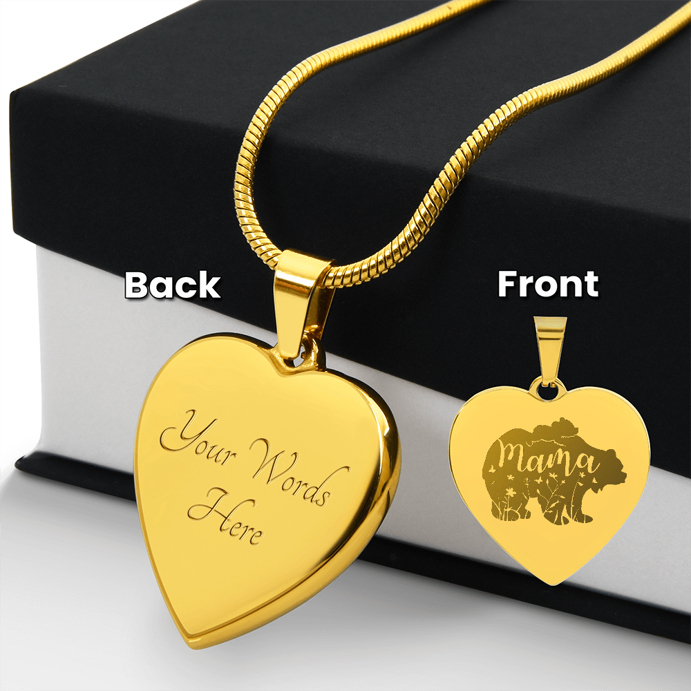 Mama Bear Engraved Gold Heart Necklace With Personalized Message