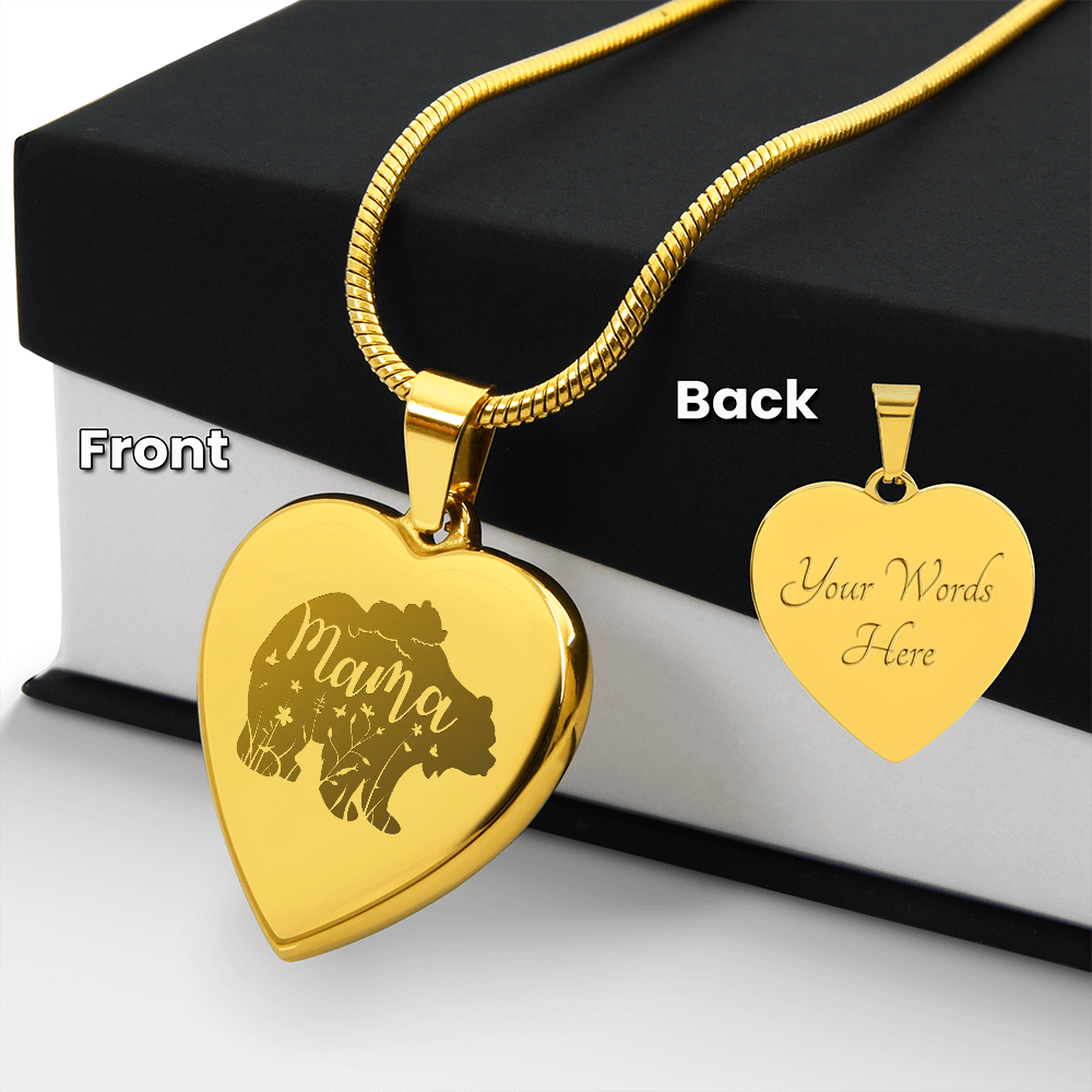Mama Bear Engraved Gold Heart Necklace With Personalized Message