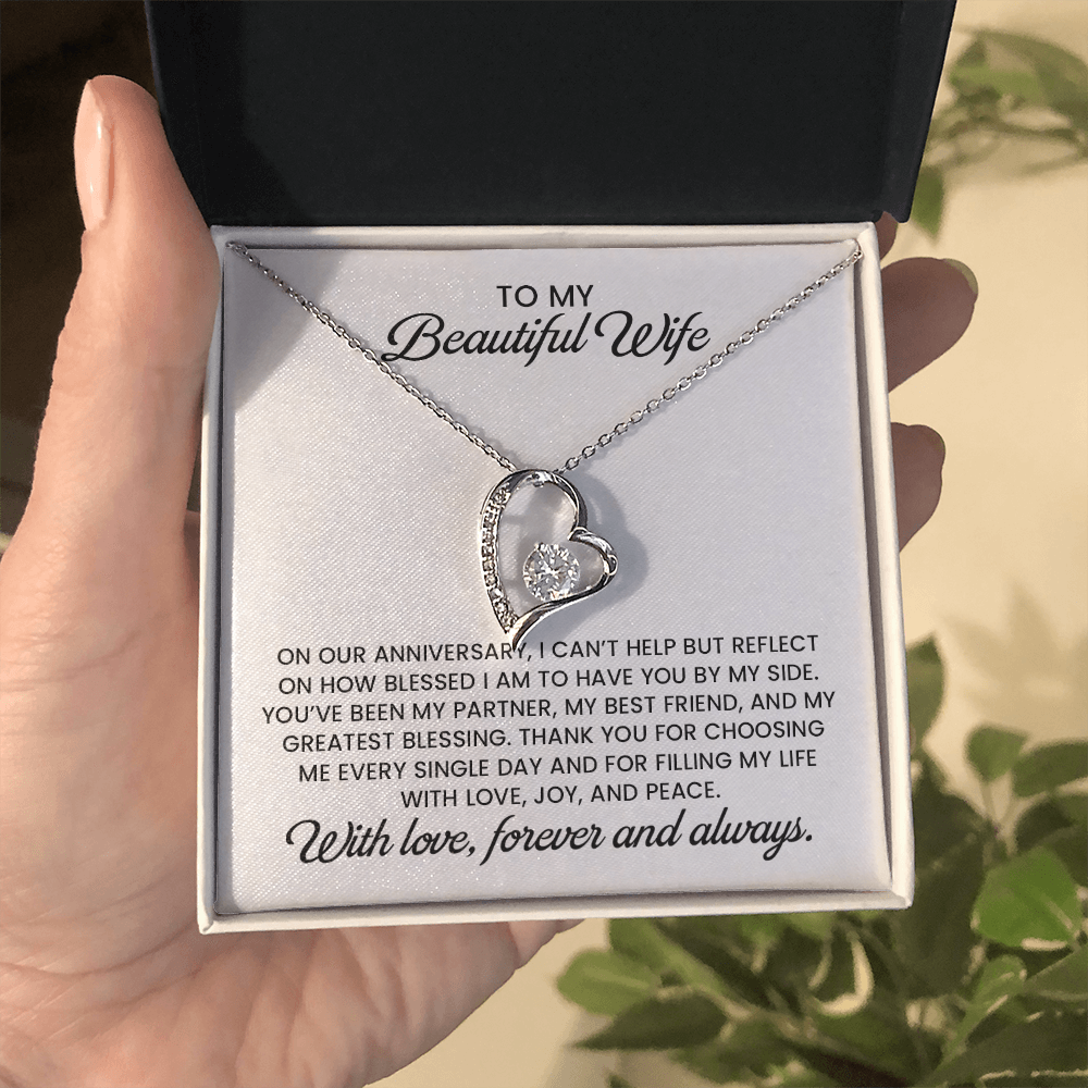 Beautiful Wife Anniversary Gift, Forever Love Gold Pendant Necklace With Heartfelt Message Card