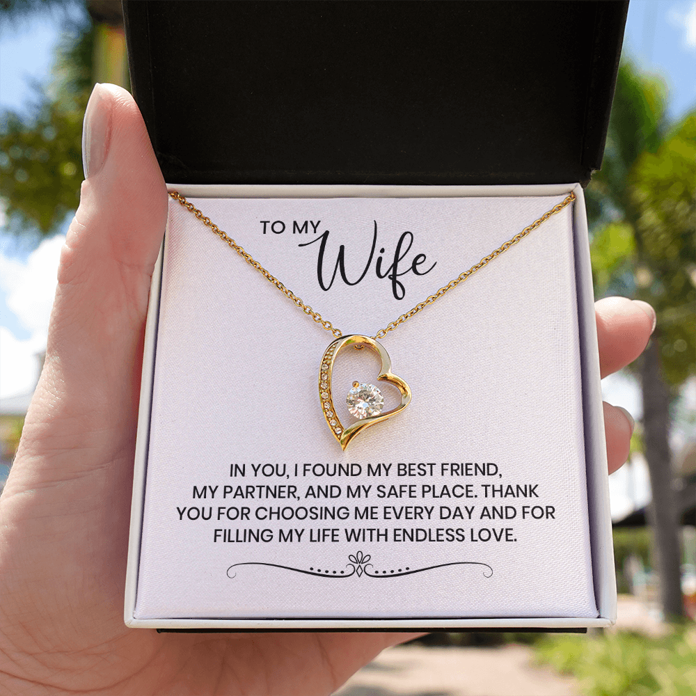 To My Wife - Christmas, Anniversary, Birthday Gift For Her, Forever Love Gold Pendant Necklace With Heartfelt Message Card