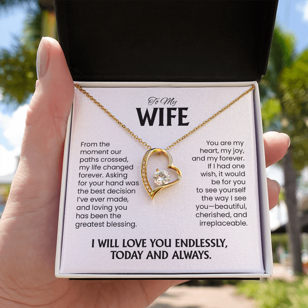 To My Wife Gift For Christmas, Anniversary, Birthday - Forever Love Gold Heart Pendant Necklace With Heartfelt Message Card